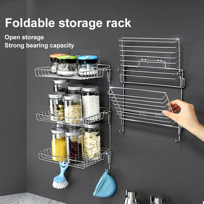 

Stainless Steel Foldable Storage Shelf Wall-Mounted Shelf Spice Rack Paper Towel Rack Kitchen Products Bathroom Storage Rack