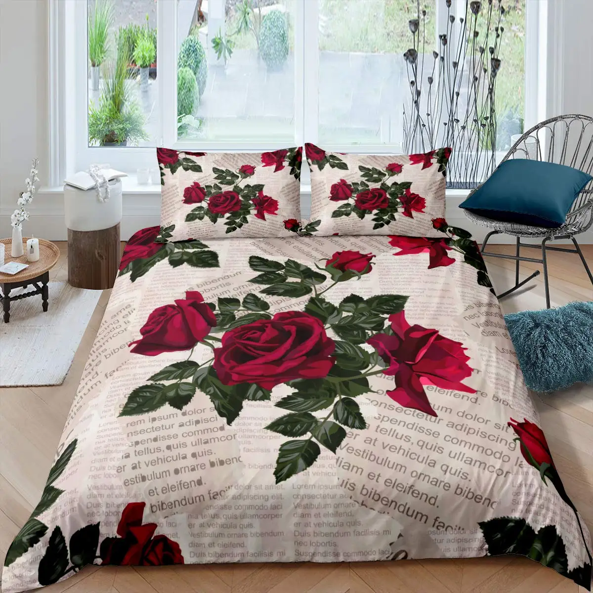 

Floral Printed Red Rose Bedding Set 3pcs for Kid Girls Comforter Cover Decor Duvet Cover Set Soft Quilt Cover with 2 Pillow Case