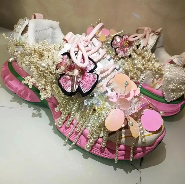Princess style Pearl Beadings Tassel Sequins  Daddy Shoes Embrodiery Flower Round toe Lace- up Sneakers Woman Casual Shoes