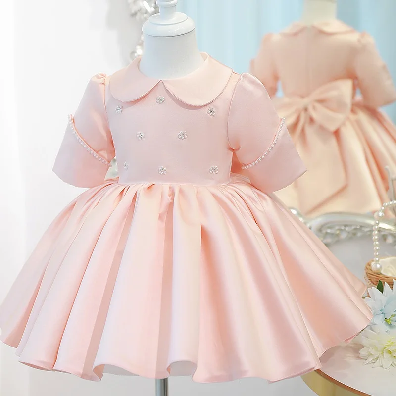 Baby Girl Princess Pearl Beading Dress Half Sleeve Child Vintage Bow Vestido Peter Pan Collar Party Pageant Birthday Frocks 1-7Y