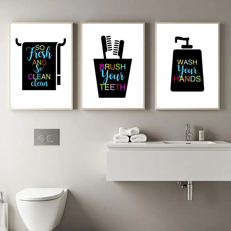Black and White Bathroom Canvas Poster Prints Modern Colorful Typography Wall Art for Washroom Simple Home Decor Pictures