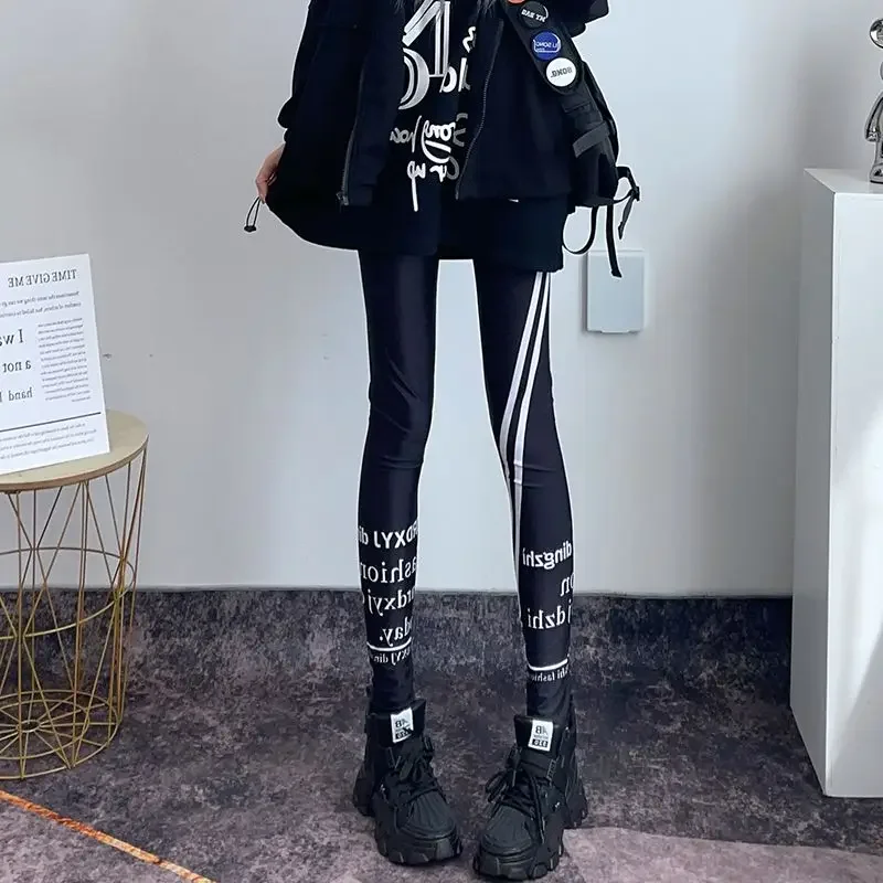 Leggings Women Wear Spring Autumn Thin Fashion Personality New Print Thread Black Trousers Stretch Tight Show Skinny Foot Pants