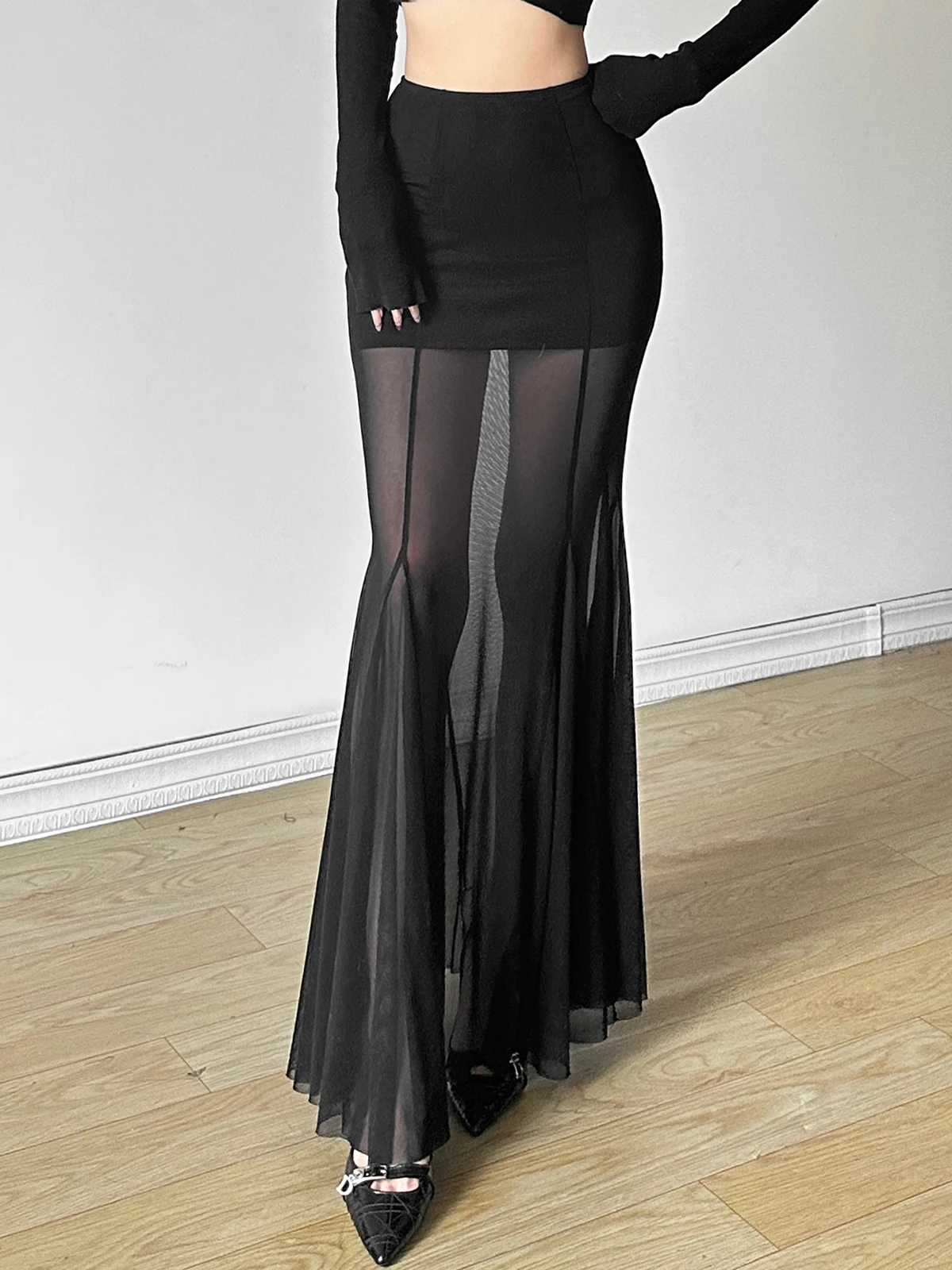 Weird Puss Hepburn Style Vintage Tulle Fish Tail Midi Skirt Women's Elegant Slim Fit Wrap around Skirt High Waist Polyester B...