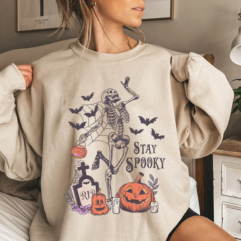 Stay Spooky Sweatshirts Women\'s Crew Neck Long Sleeve Casual Oversized Skeleton Pumpkin Bat Printed Sweatshirts For Halloween