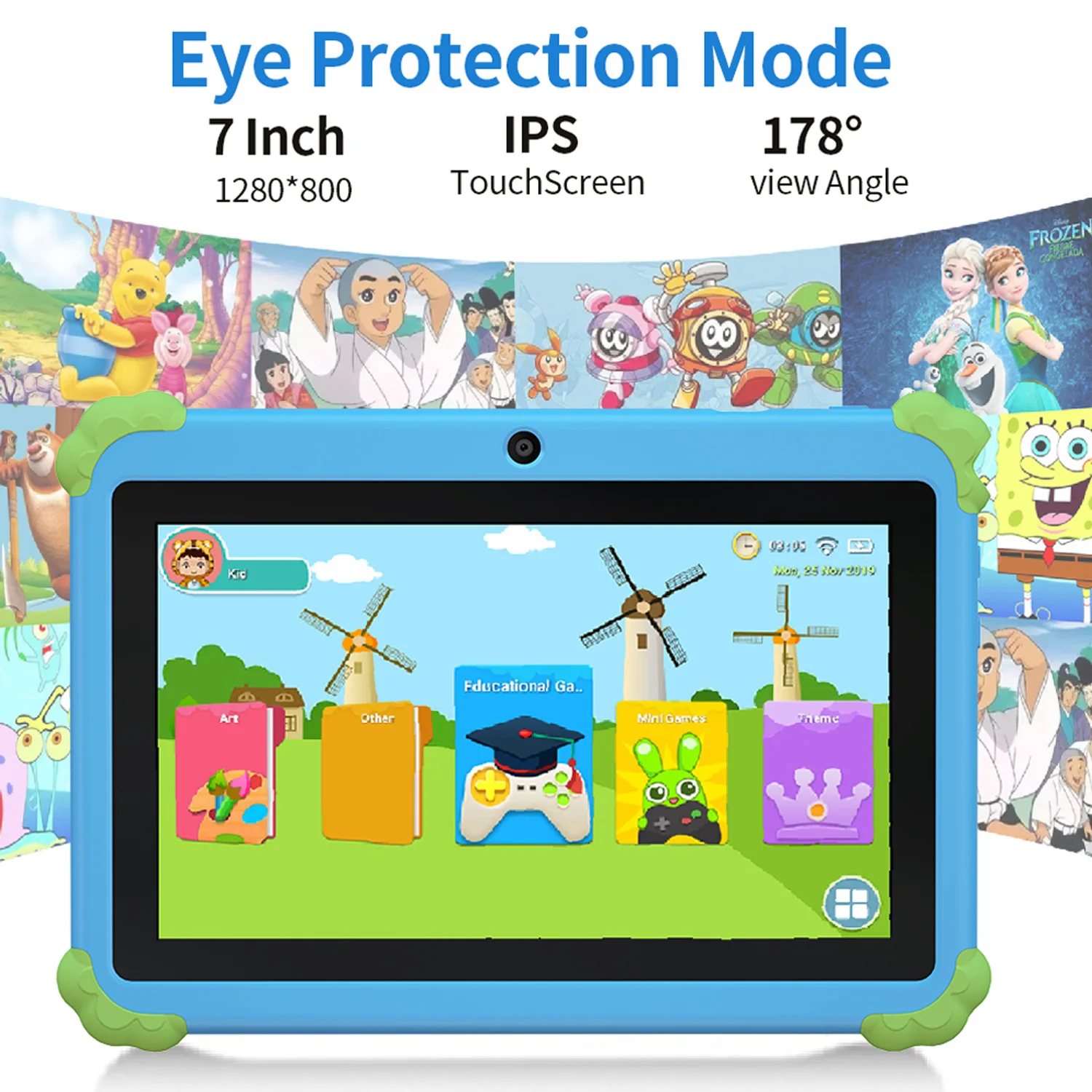 Новый 7-дюймовый детский планшет с мультяшным рисунком Android 13, 4 ГБ ОЗУ, 64 ГБ ПЗУ, расширение 1 ТБ, Wi-Fi, аккумулятор 4000 мАч, двойная камера, Google Pad
