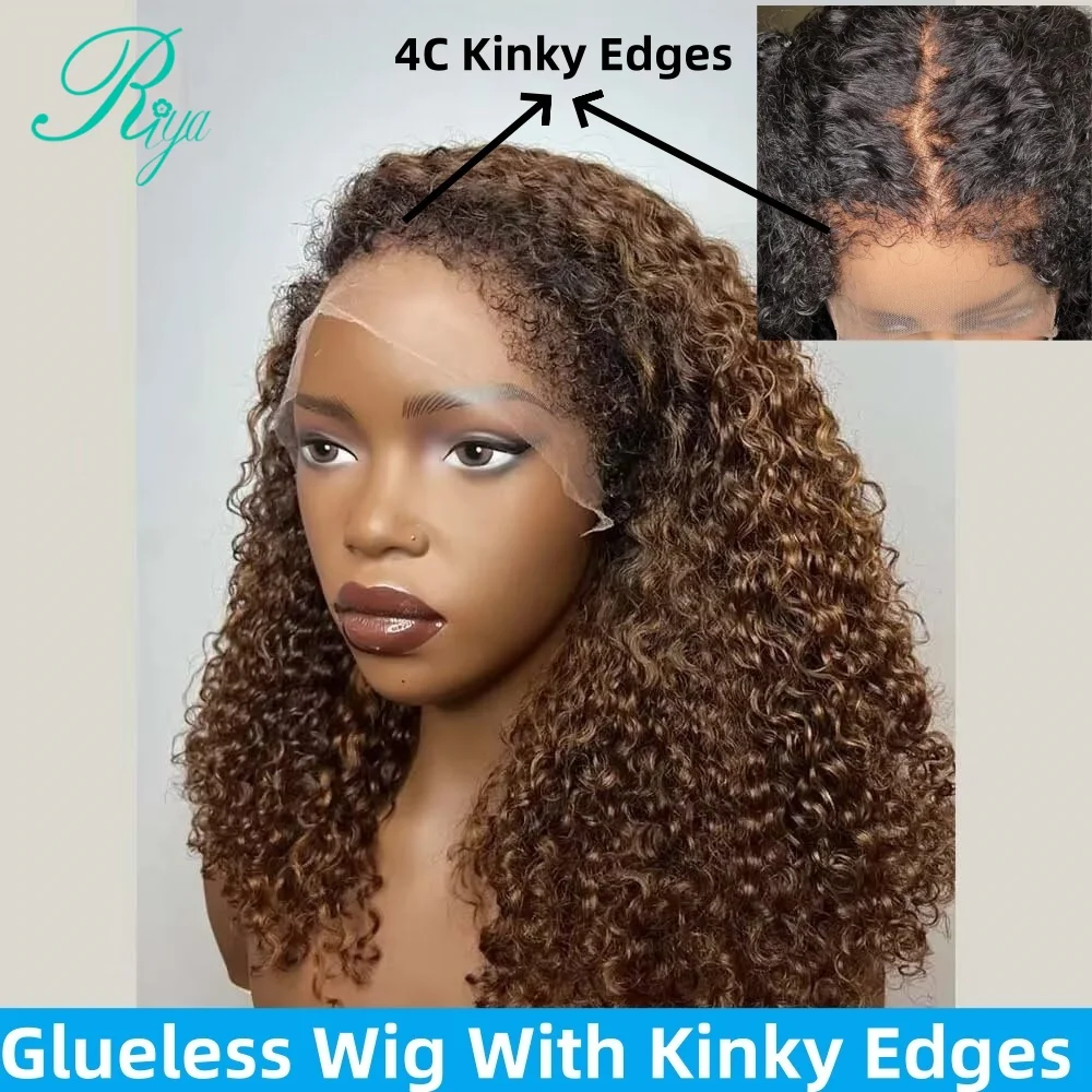 5x7 Ombre Honey Blonde Deep Curly Wig With 4C Hairline Edges 360 Lace Ready To Go Glueless Kinky Curly Human Hair WIig For Women