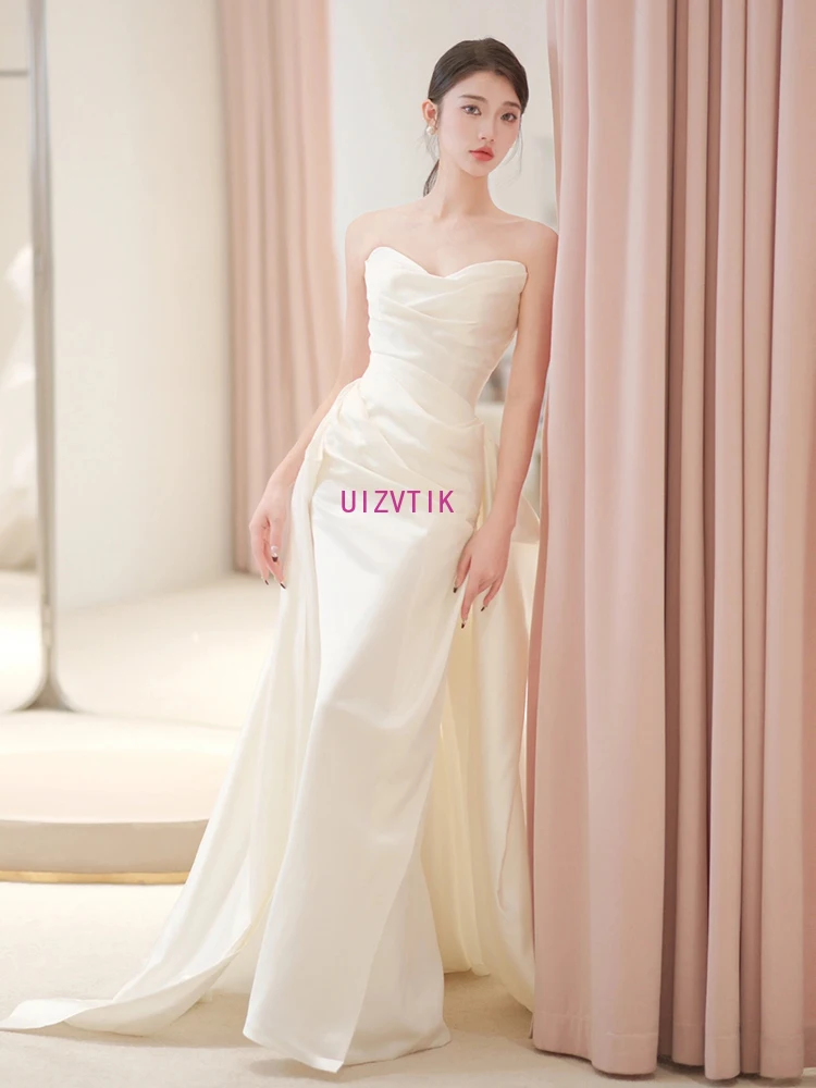 Простые корейские свадебные платья с открытыми плечами Белое атласное вечернее платье Вечернее платье 웨딩드레스 Свадебное платье для фотосессии на заказ