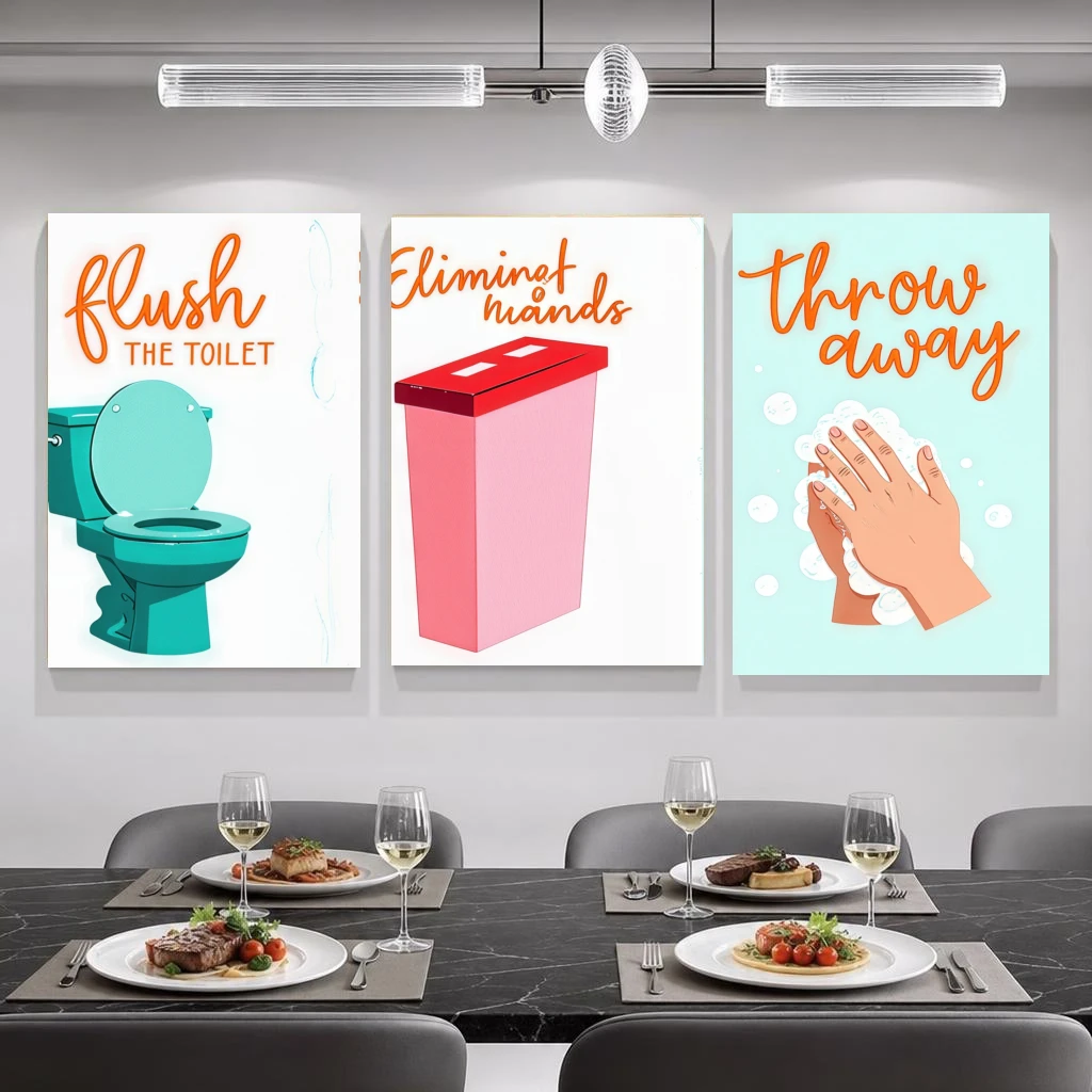 2D Flat, 3pcs Modern Minimalist Hygiene Habits Wall Art Suitable for Living Room, Frameless Printed with Hygiene Charts, Suit