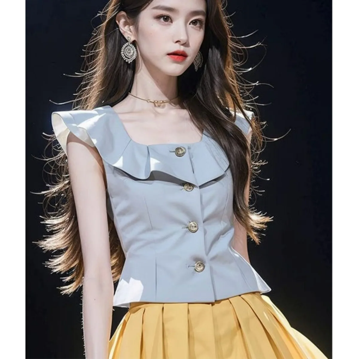 Ele bleu femmes haut ceinturé taille ort Sve col carré Faionable trajet Sle Unique luxe sensation été irt