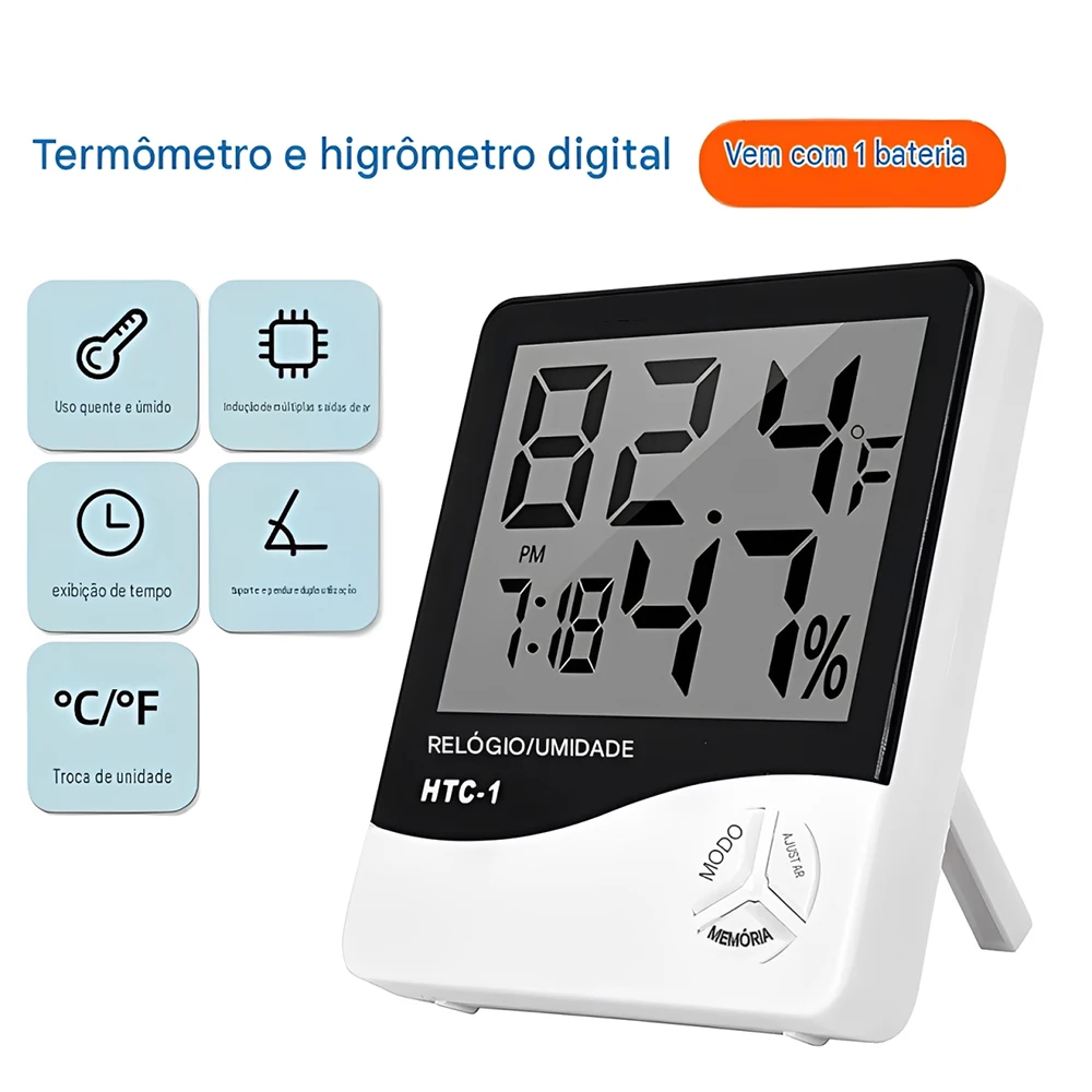 Termômetro Higrômetro Digital Medidor de Temperatura e Umidade Máxima e Mínima com Relógio e Alarme