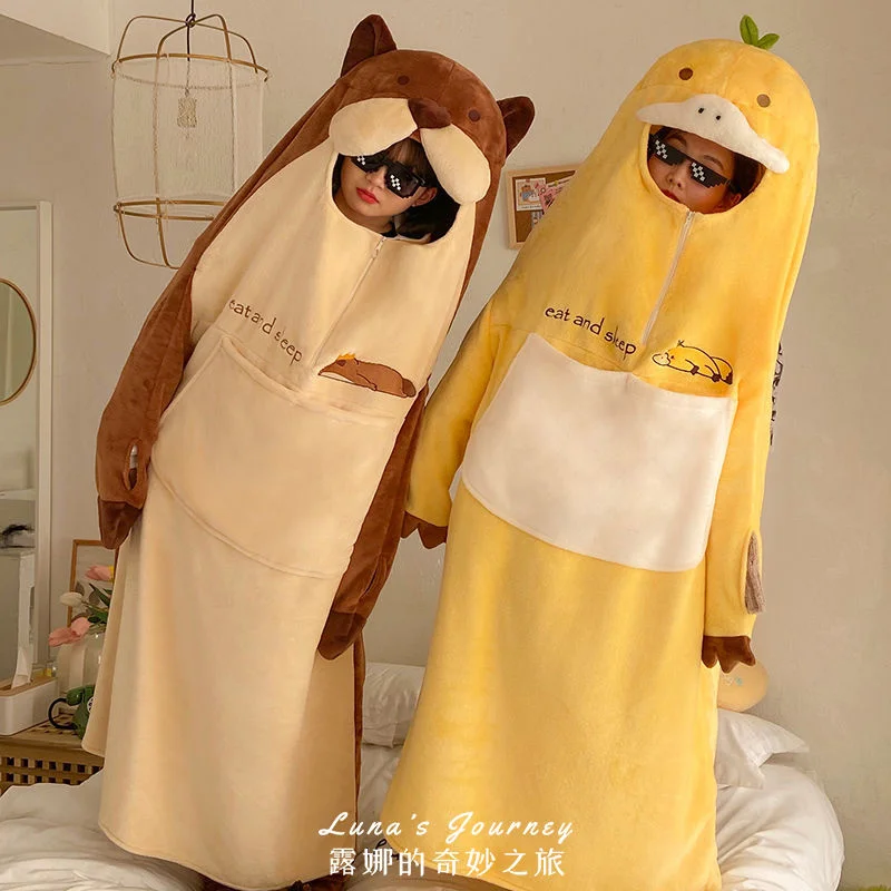 

Funny Platypus Cartoon Fleece Pajamas Women Cozy Homewear Cute Animal Hooded Jumpsuit Sleepwear Winter Indoor Loungewear Gift