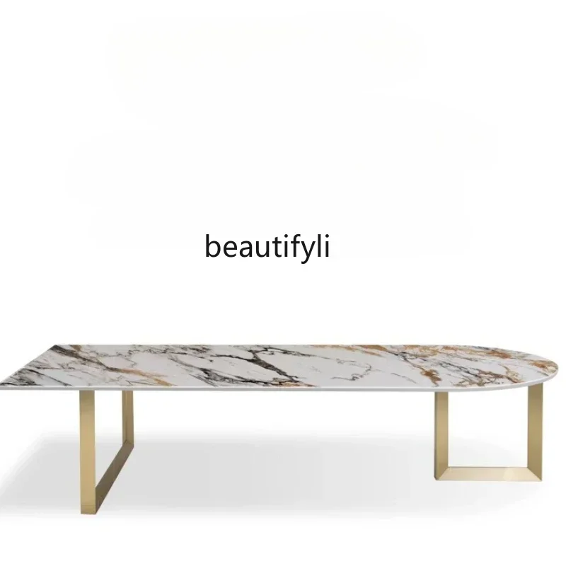 

Bright rock slab dining table and chair combination light luxury stainless steel rectangular special-shaped table4567