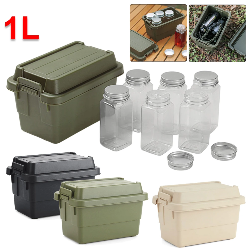 1.1L Multifunctional Outdoor Storage Box with 6pcs Seasoning Bottles Camping Travel Barbecue Small Toolbox Plastic Storage Box