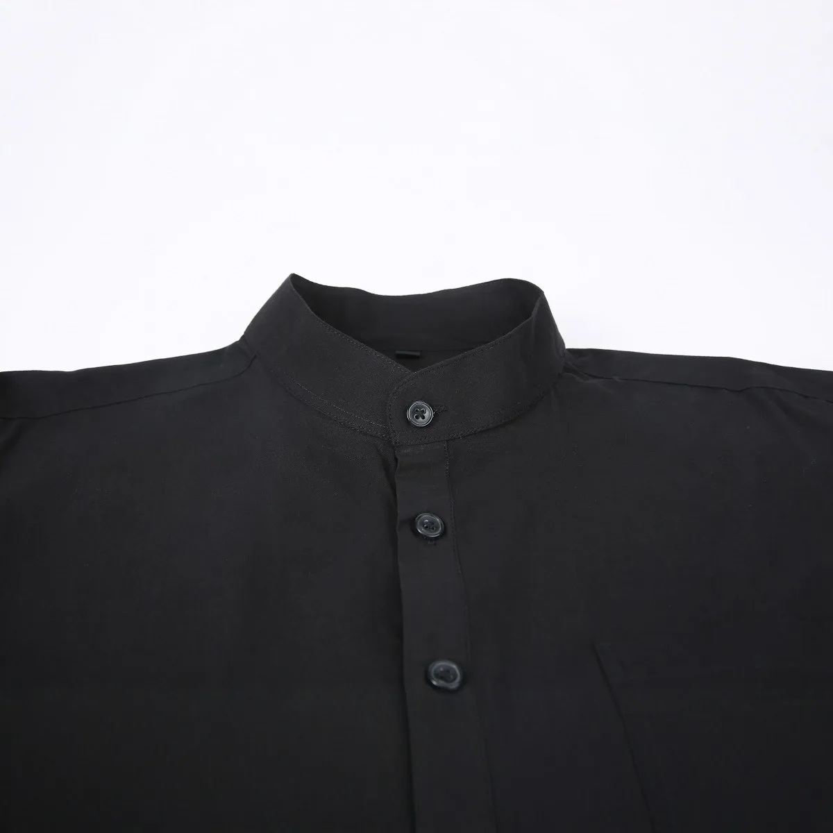Men's Black Long-sleeve Cotton Shirt, White Single-button Stand-up Collar Shirts, Available in Red, Green, Gray, Yellow, Blue.