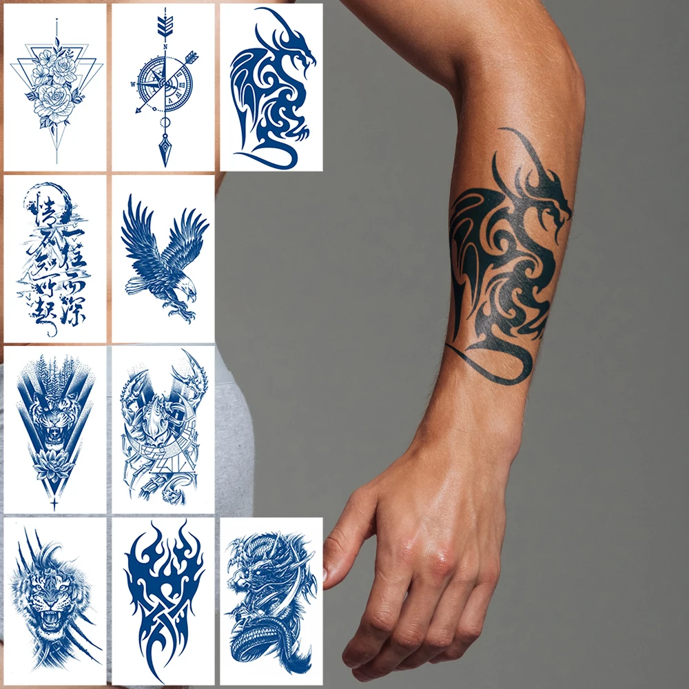 10Pcs Semi Permant Waterproof Juice Temporary Fake Tattoos Sticker,Blue Totem Dragon Compass Eagle Tiger Woman Man Cool Body Art