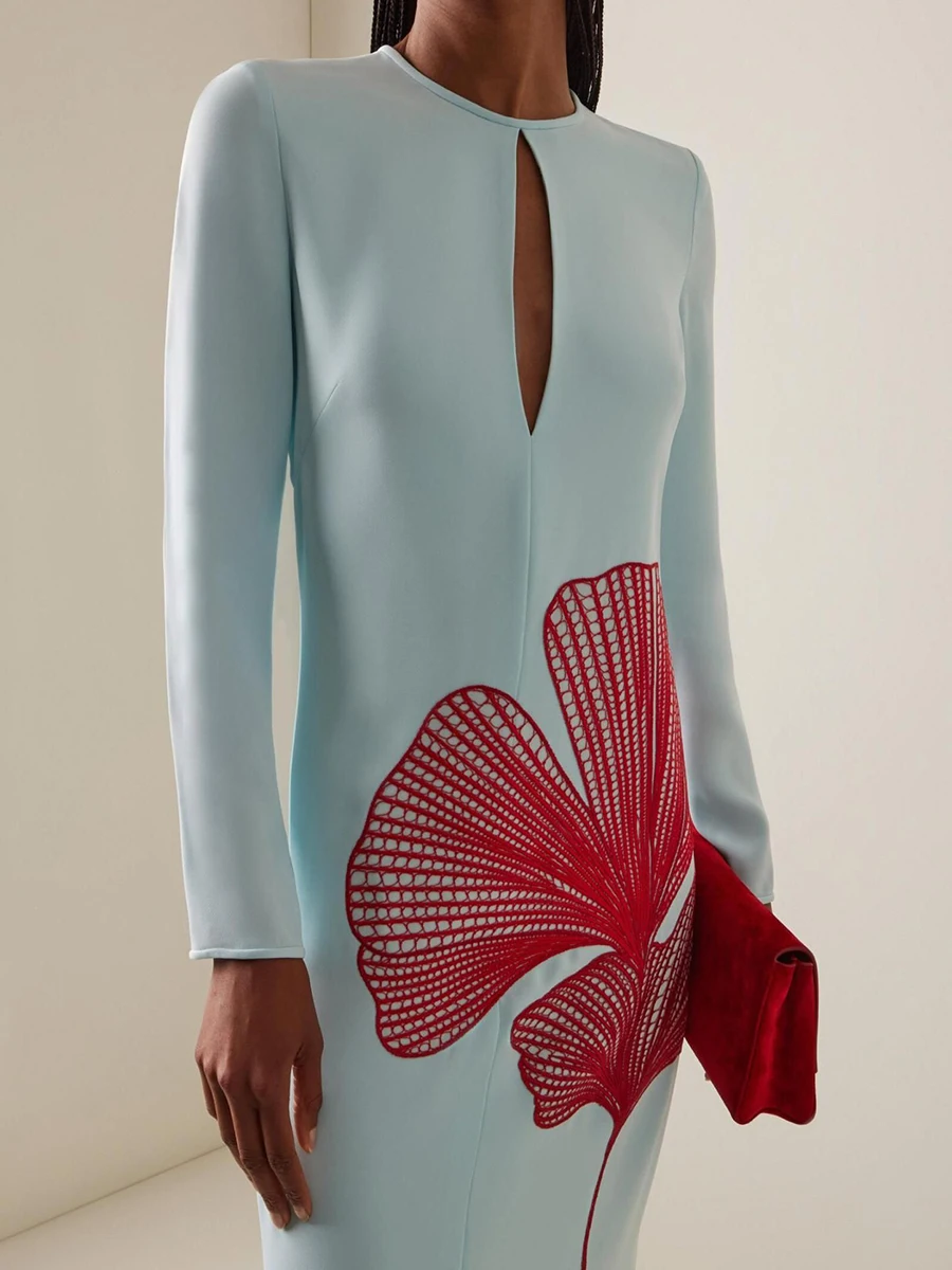 VGH High End Slim Embroidery Designer Dresses for Women O Neck Patchwork Cut Out Evening Floor Length Dress Female Fashion Style