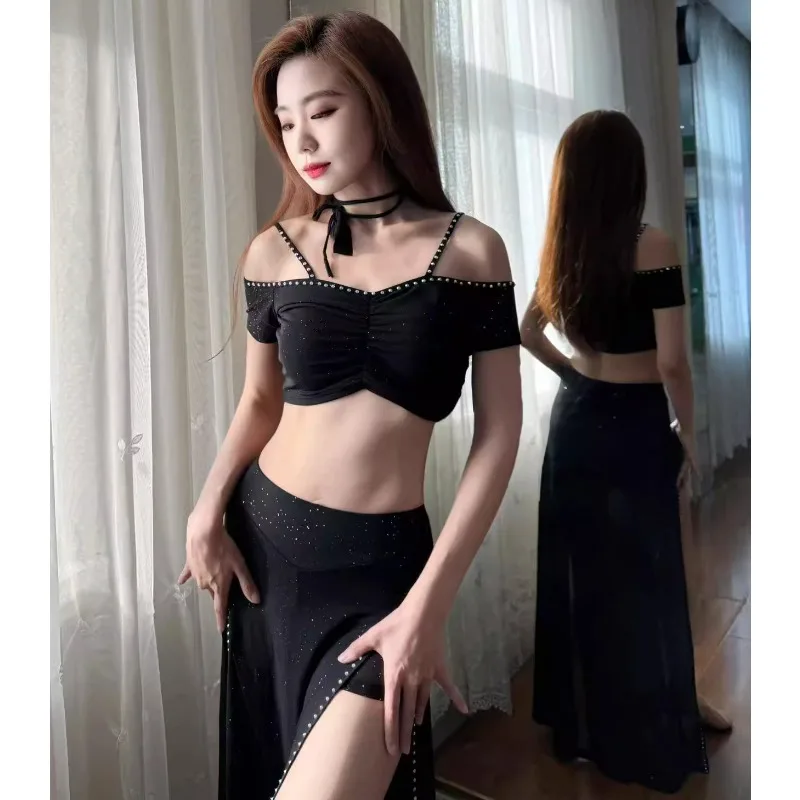 customized belly dance suit mesh performance outfit practice dress group Competition uniform women's double slit skirt top 2pcs