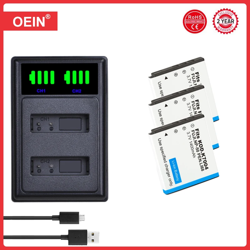 Klic-7004 D-Li68 Battery and Charger for Fujifilm NP-50, Fuji X10 X20 F50 F75 F665 F775, for Kodak M1033 M1093 V1073 Zi8 Zi12