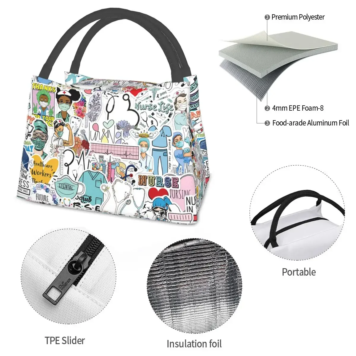 Doctors Nurse Print Thermal Lunch Bag Women Portable Insulated Cooler Bag Picnic Office Reusable Packed Lunch Box Bags