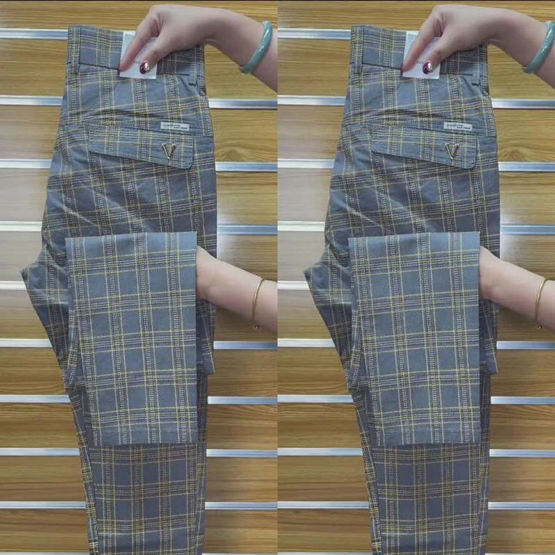 Business Casual Men's Straight Leg Pants Spring Summer New Style Elastic Waist Plaid Pattern All-Match Slim Fit Long Trousers