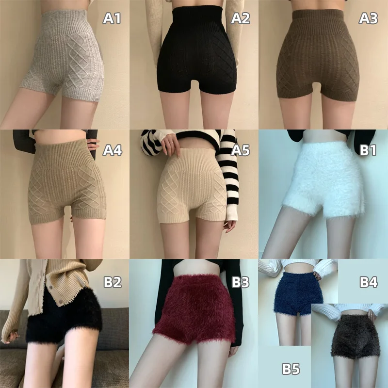 Women Winter Cute Lolita Warm Velvet Shorts Sweet High Waist Knitted Fleece Shorts Women Fluffy Thicken Furry Shorts Underwear