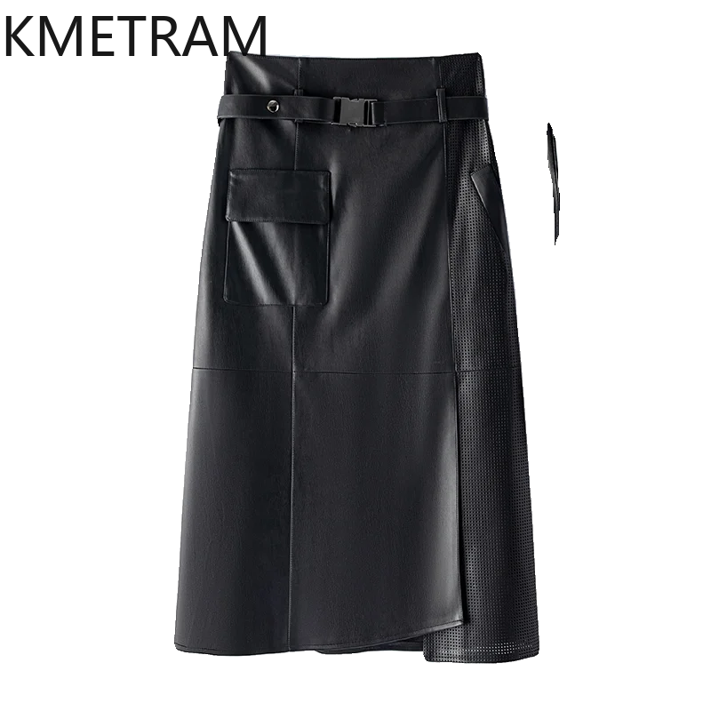 

KMETRAM Real Leather Long Skirts for Women Black Spring Women Clothing High Waist Thin Skirt 2024 Large Size Faldas Para Mujeres