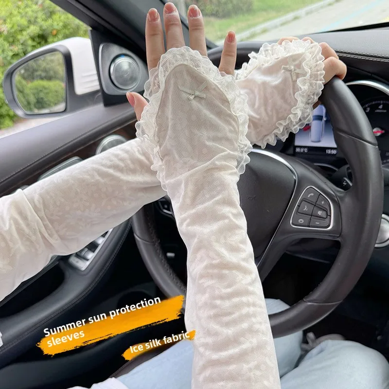

Lace Ruffle Sun Protection Arm Sleeves for Women Breathable Ice Silk Loose Arm Cuffs UV Resistant Driving Arm Warmers Summer