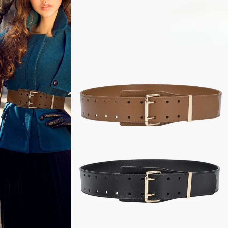 

Western Leather Double Pin Buckle Wide Women Waistband Belt Fashion Dress Coat Sweater Cummerbund for Ladies