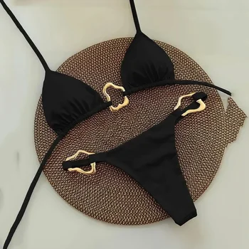 Microbikini triangular con cuello Halter y cordón negro, traje de baño con anillo de Metal, traje de baño Sexy para mujer, Mini traje de baño con cordones, conjuntos de Bikinis