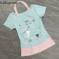 Japanese Camisetas Sweet T Shirts Women's Clothing Fake Two Cute Tees 2025 Ropa Mujer Cartoon Patchwork Striped Summer Tshirt