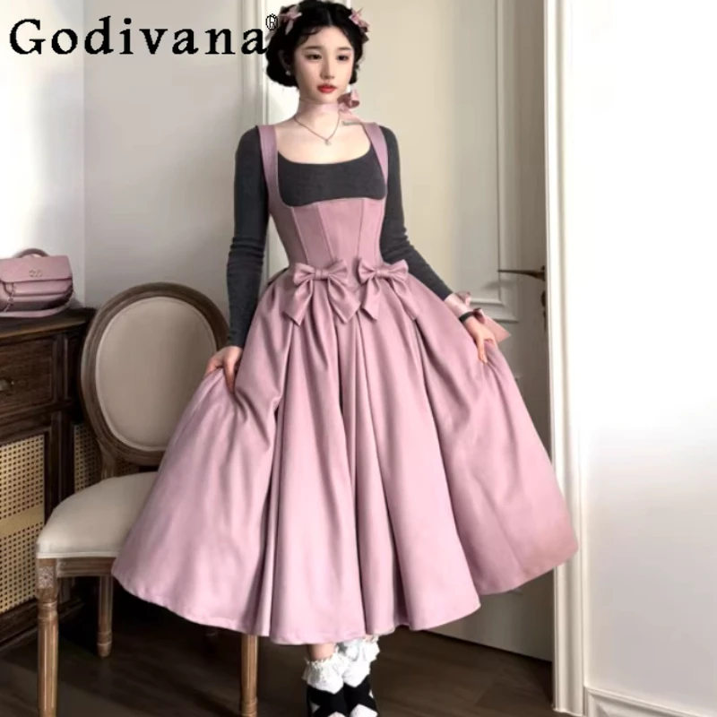 

Cute Bow High Waist A-line Simple Solid Color LOLITA Dress Fashion Versatile Age Reduction Sweet Women Long Suspender Dresses