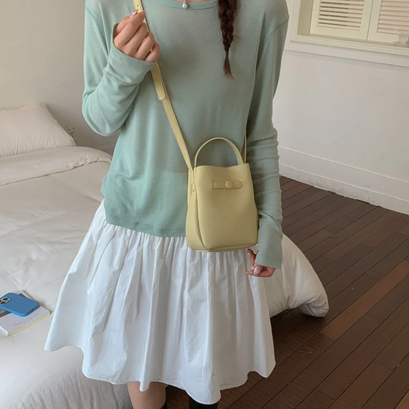 Damen Alltags-Style Hellgelbe Kunstleder Mini-Bucket-Bag, Mehrfarbig, Täglicher Arbeitsweg, Einkaufen & Lässiger Street-Style