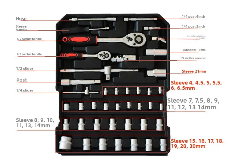 Conjunto de caixa de ferramentas doméstica de hardware manual portátil de aço carbono de 186 peças