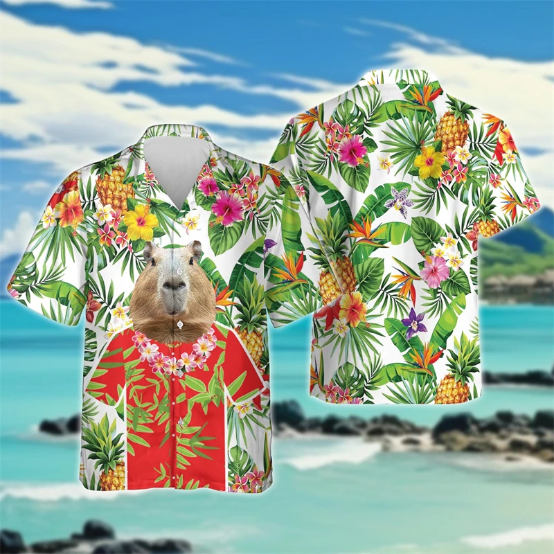 Cute Capybara Graphic Beach Shirt Kawaii Aniaml Female Short Sleeve Blouses Hawaiian Surfing Women Lapel Blouse Button Girls Top