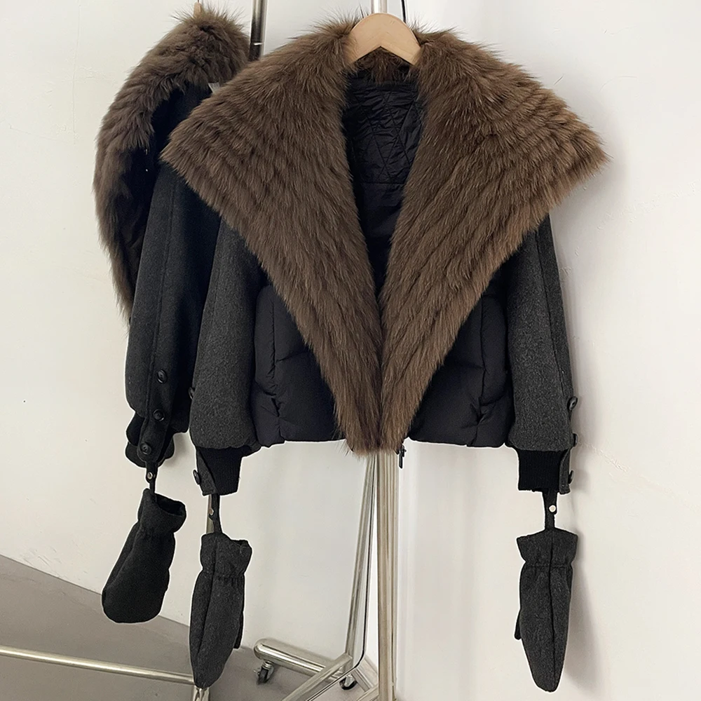 Puffer Jacket Women Fur Strip-seamed Duck Down Coat Padding Women's Winter Down Jacket Gloves Winter Warm Thick Real Fur Collar