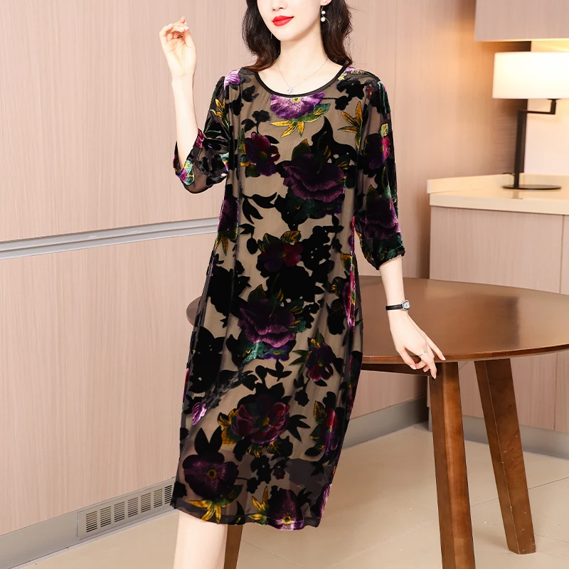 

2023 New Fashion Silk Velvet Dress Women's Autumn Silk Loose Fit Round Neck 3/4 Sleeve Casual Holiday Dress Vesidos