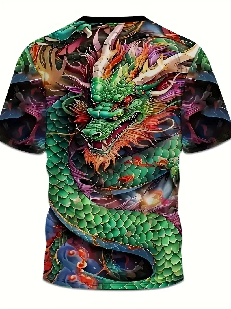 Kaos Pria Ukuran Besar Motif Naga 3D Kasual Longgar dan Modis Lengan Pendek, Lembut, Nyaman, dan Bernapas