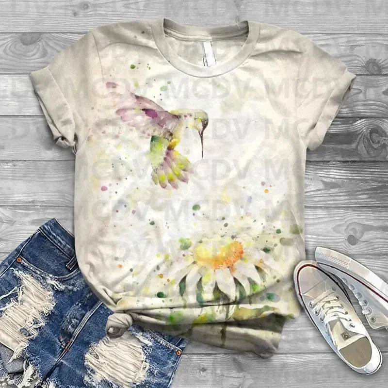 Women's Hummingbird Tie Dye Print Crew Neck T-shirt 3D All Over Printed Summer Women's T Shirts