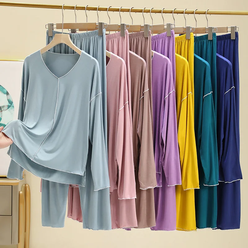 Modal Sleepwear Set Women\'s Spring Summer Loose Casual V-neck Home Clothes Set plus Size Thin Two-piece Cotton Pyjamas