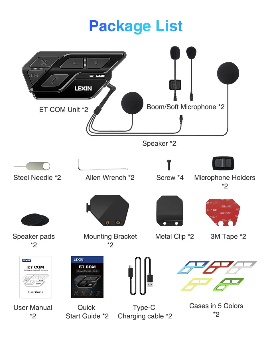 Lexin ET V5.0 Motorcycle Bluetooth Intercom Headset for 2 Riders