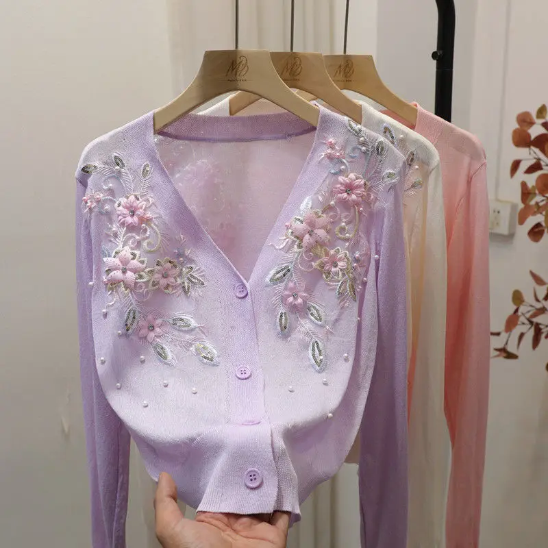 

French Embroidery V-Neck Knit Cardigan Women Summer Short Thin Retro Chic Bolero