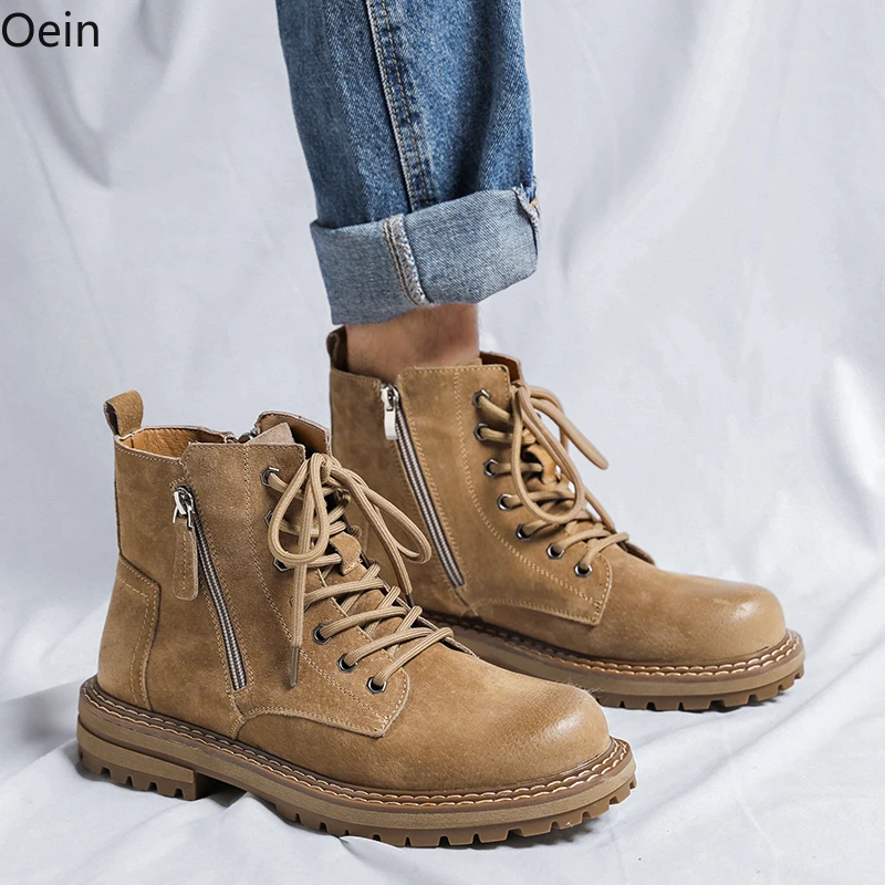 

Mens Ankle Boots Platform Real leather Chunky Heel Lace Up retro Punk Shoes Wingtips Vintage New 2023
