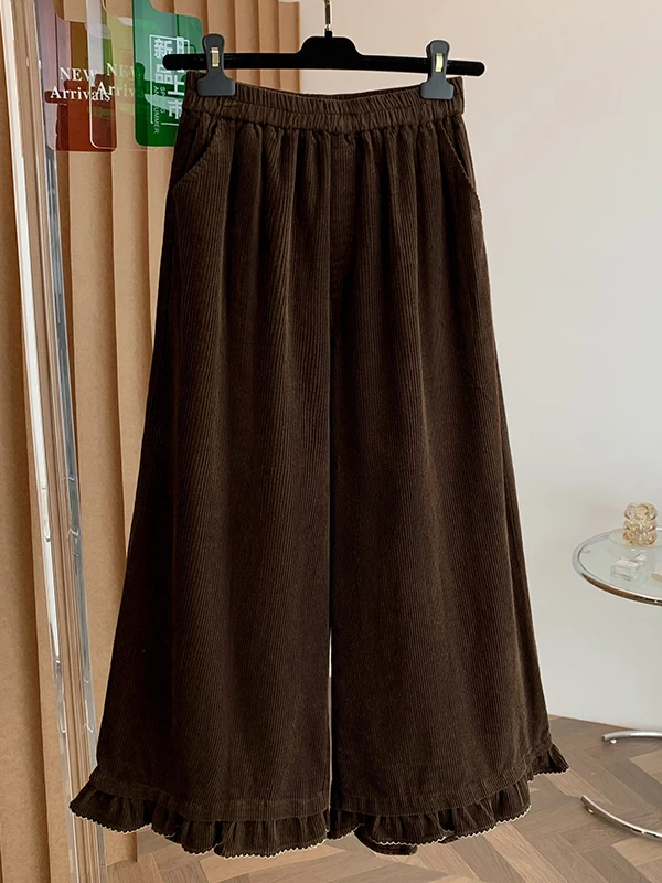 Faionable Corduroy Wide Leg Pants Women's Autumn Winter Loose Casual High Waist Long Trousers with Lace Hemline