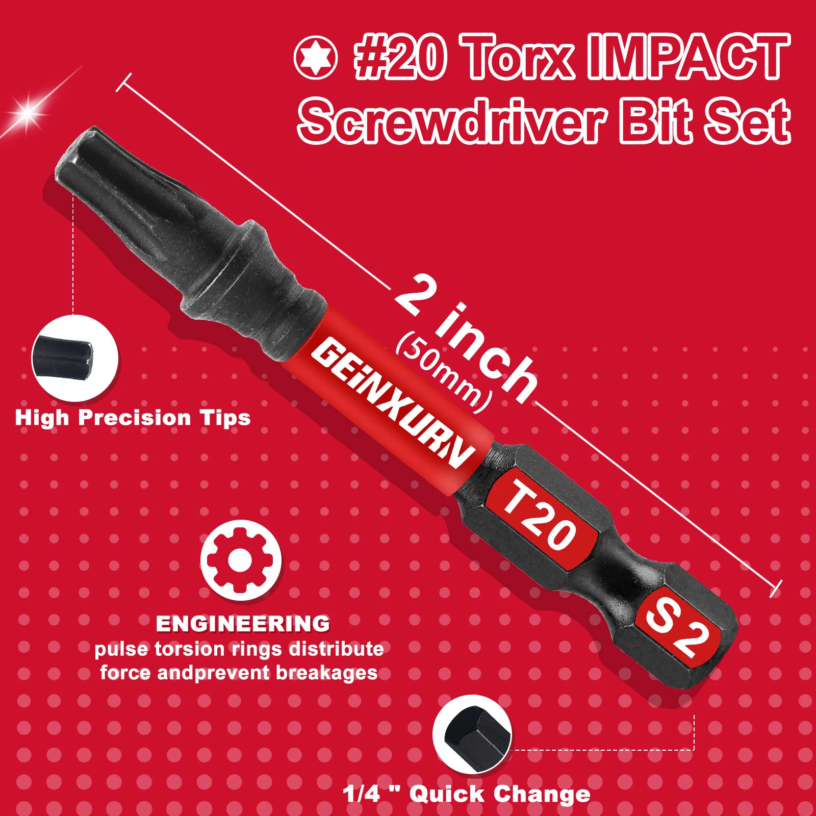 Geinxurn 2Inches Impact Magnetic #20 Torx Screwdriver Bit Set,S2 Alloy Steel T20 Power Bit Set with Base