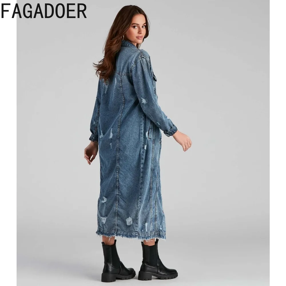 Imagem -03 - Fagadoer-jaqueta Jeans Solta Azul Escuro para Mulheres Gola Virada para Baixo Cabolsas de Manga Comprida Tops Casuais de Cowboy Moda Feminina Bolso 2024