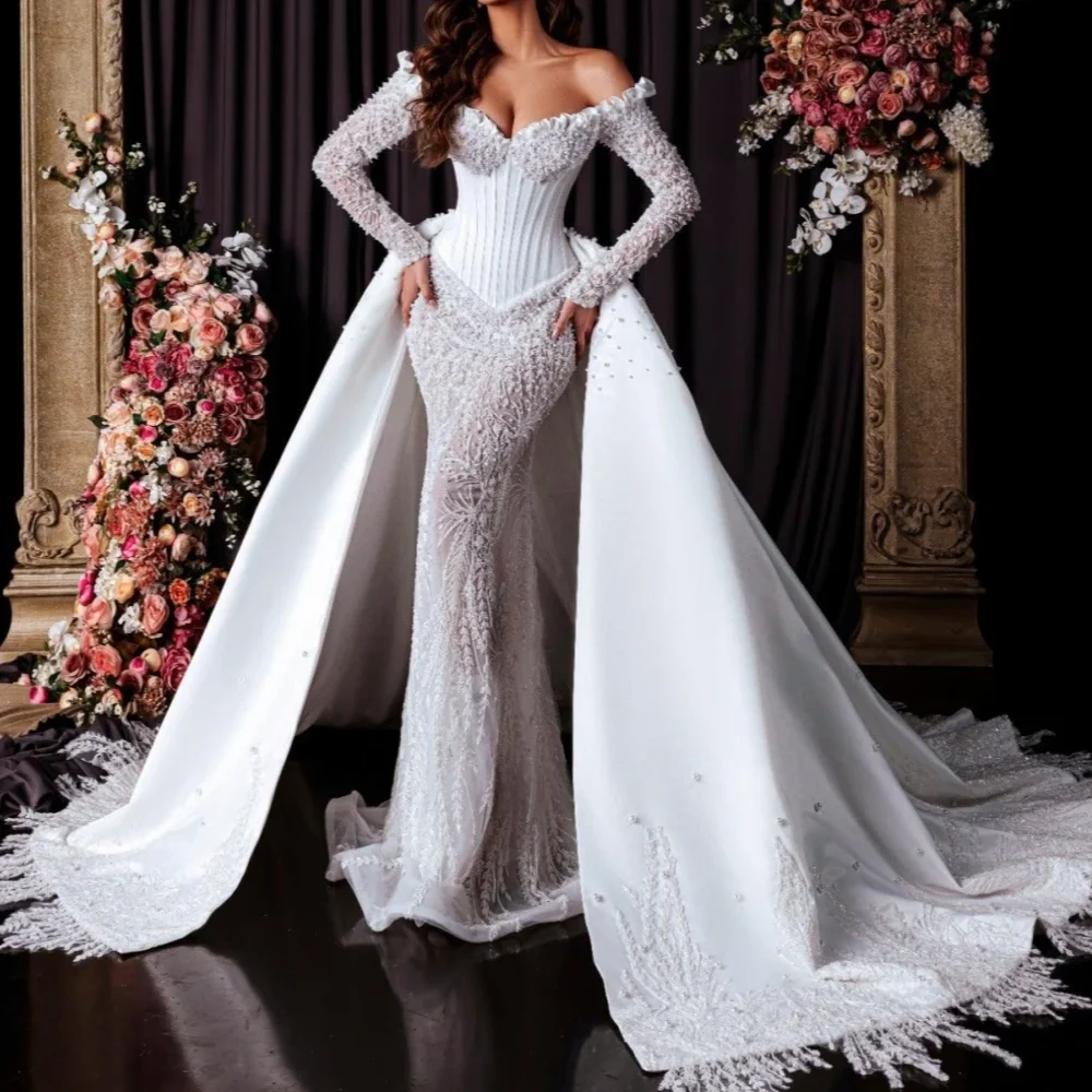 

Luxury Off Shoulder Sequined Beads Full Sleeve Basque Detachable Train Mermaid Bride Wedding Dresses Bridal Gowns Customized