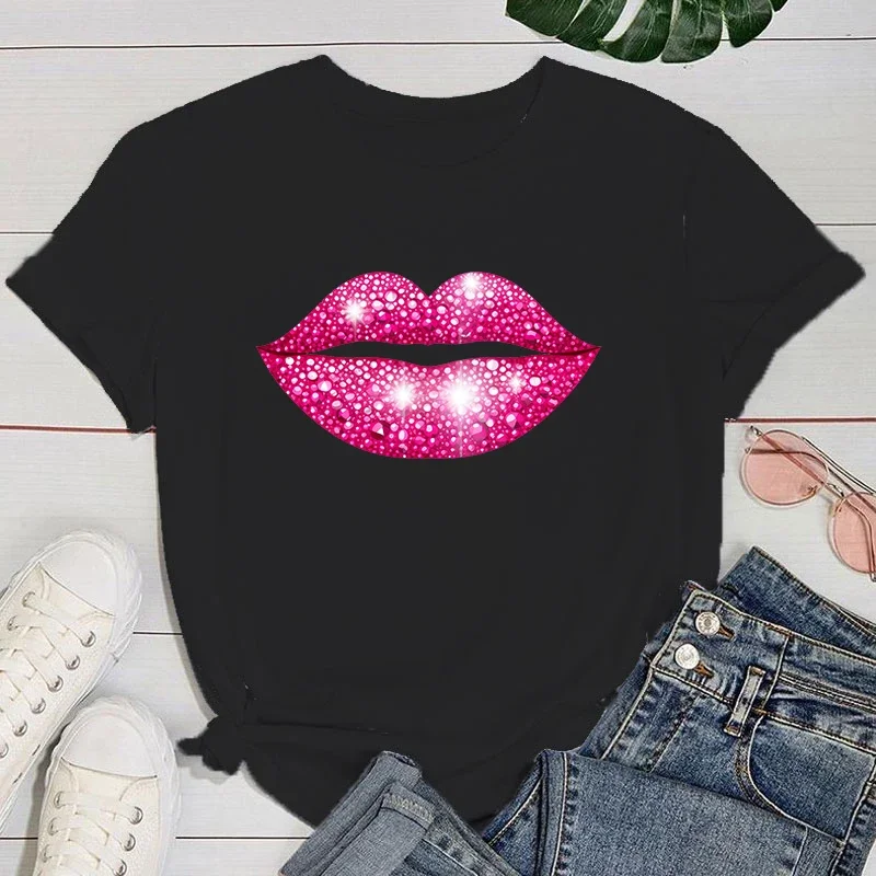Hot Pink Lips Funny Summer Women TShirt Harajuku Print Fashion Short Sleeve Summer Casual TShirt Top Cheap Clothes Free Shipping