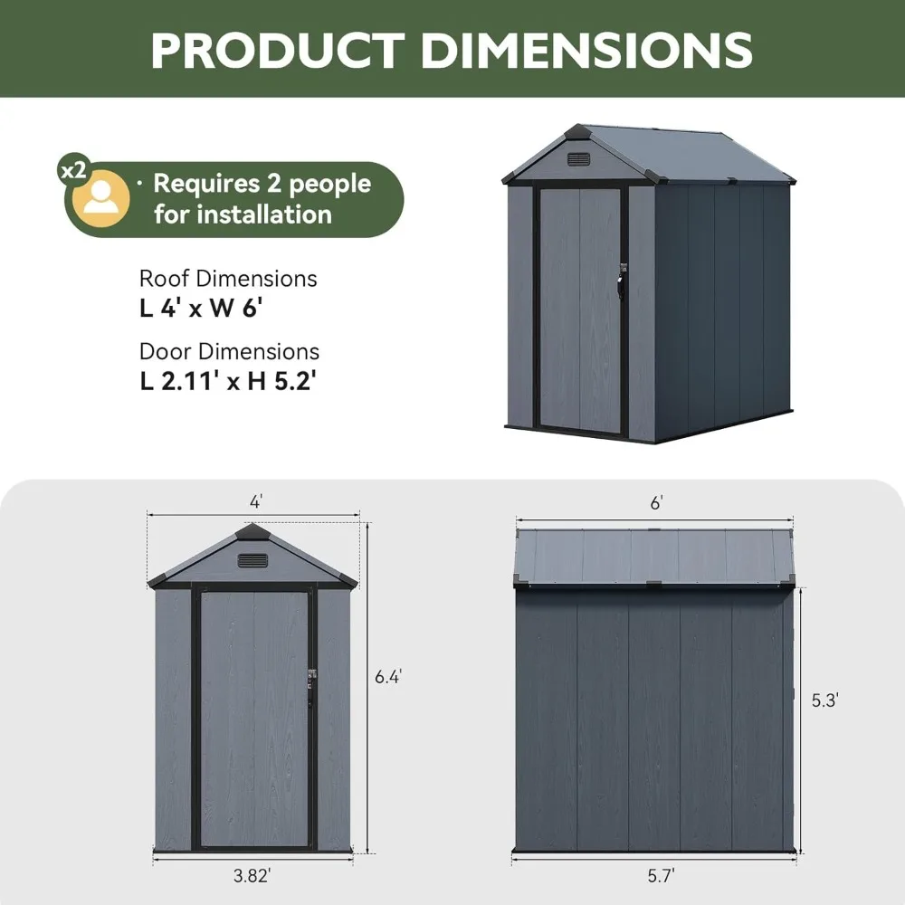 4x6 FT Resin Shed with Reinforced Floor, Outdoor Storage Shed, All-Weather Plastic Tool Storage with Lockable Door, Customized