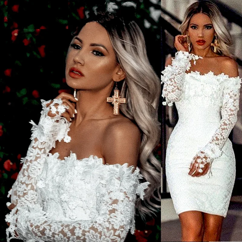 

Women Dress Bodycon Off Shoulder Lace Sexy White Lace Dress Long Sleeve Wedding Party Clubwear Evening Short Mini Dress 2023