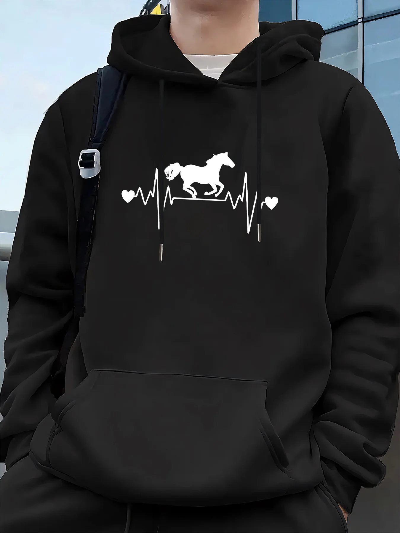 سترة بغطاء للرأس للسباق للرجال - سترة بغطاء للرأس مطبوعة على شكل حصان أبيض وفارس مع جيب الكنغر، وغطاء للرأس برباط #1